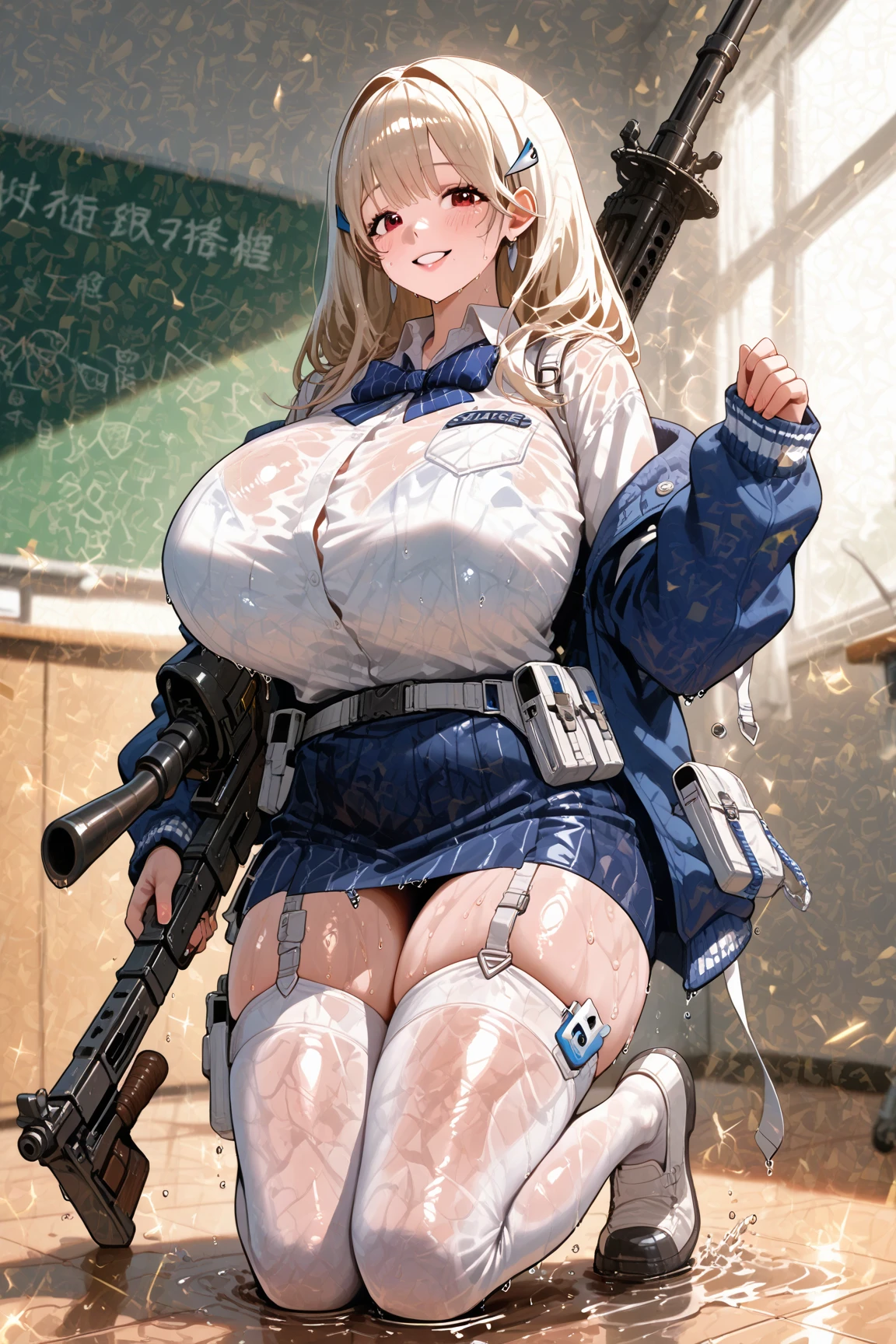 score_9, score_8_up, score_7_up, source_anime BREAK <lora:tia-nikke-richy-v1_pdxl:1> tia, blonde hair, hair ornament, hair clip, brown eyes, blue bowtie, blue cardigan, white shirt, button gap, blue skirt, white thighhighs, huge breasts, thick thighs, sleeves past wrists, nail polish, black nails, ring, ear piercing, thigh strap, belt pouch
