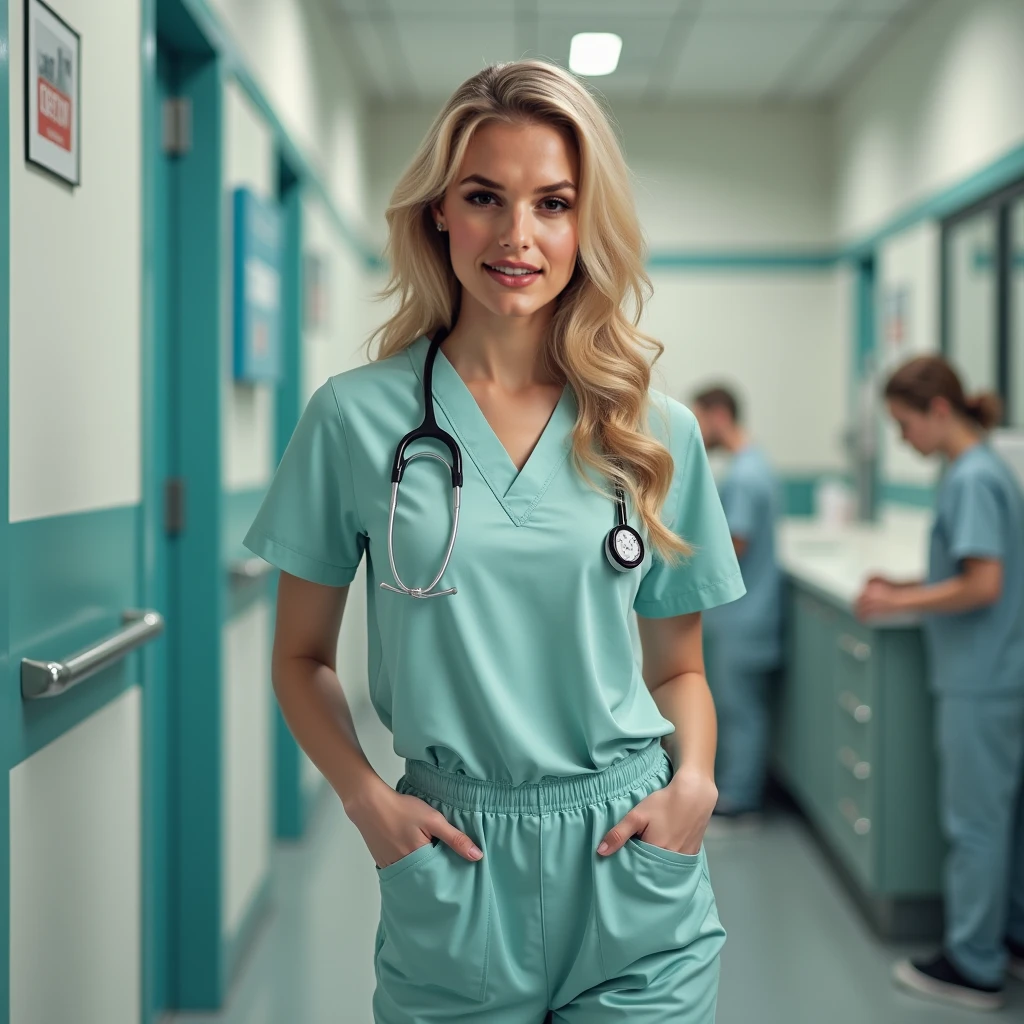 Ultra realistic, Cinematic, team of 3 surgical nurses, 3 swedish teeanger girls, blonde hair all girls standing, working in surgery, 17 years old,  body, pale skin, beautiful face, big smile, detailed face, ultra soft and ultra light slight small teal women hospital scrubs, teal hospital scrubs, wide angle showing full body,  hospital ward, people, bokeh, short hair tied up as hair bun / Chignon