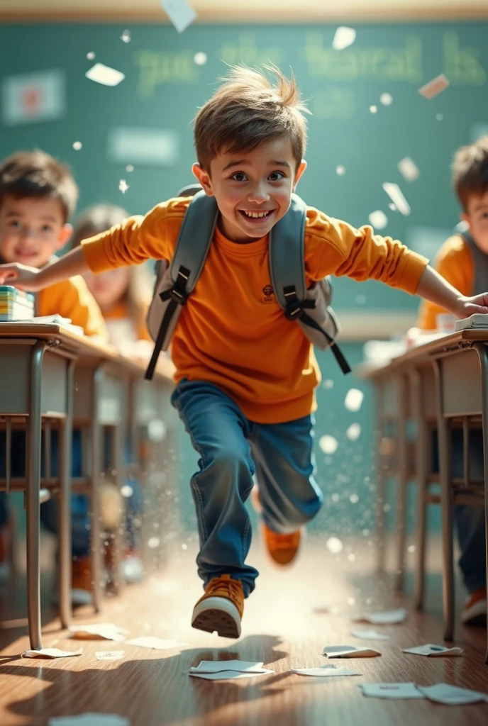  a child jumping on the school table 