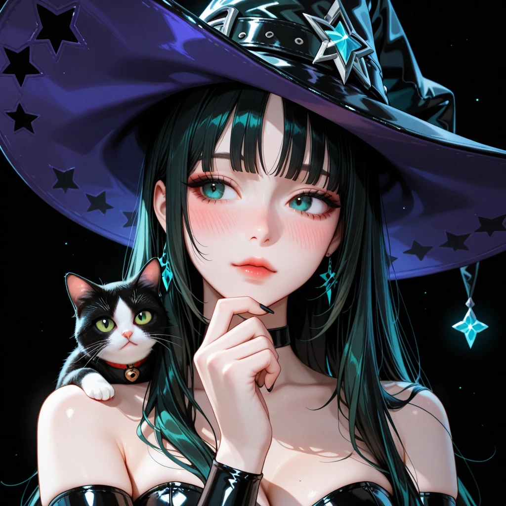 A black and orange calico girl cat with black hair, and green eyes. She wears a red hat and a blue bow. SPARKLE; GLITTER