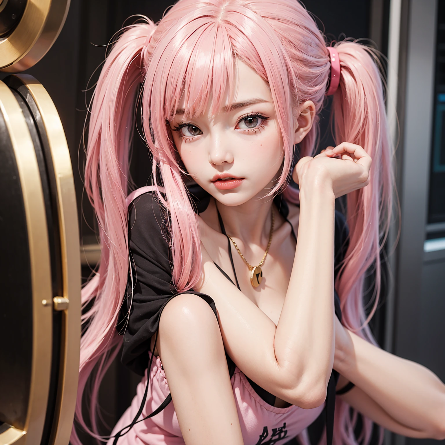 ulzzang-6500-v1.1,(raw photo:1.2),((photorealistic:1.4)),best quality ,masterpiece, illustration, an extremely delicate and beautiful, extremely detailed ,CG ,unity ,8k wallpaper, Amazing, finely detail, official art,extremely detailed CG unity 8k wallpaper,absurdres, incredibly absurdres, huge filesize, ultra-detailed, highres, beautiful detailed girl, extremely detailed eyes and face, beautiful detailed eyes,light on face,cinematic lighting,((extremely pink tight suit clothing)),1girl,full body,full-body shot,looking at viewer,((light pink hair)), red eyes,((bliss)), best detailed background, ((cosplay)), (smile), twintails, ((hold a rifle)),