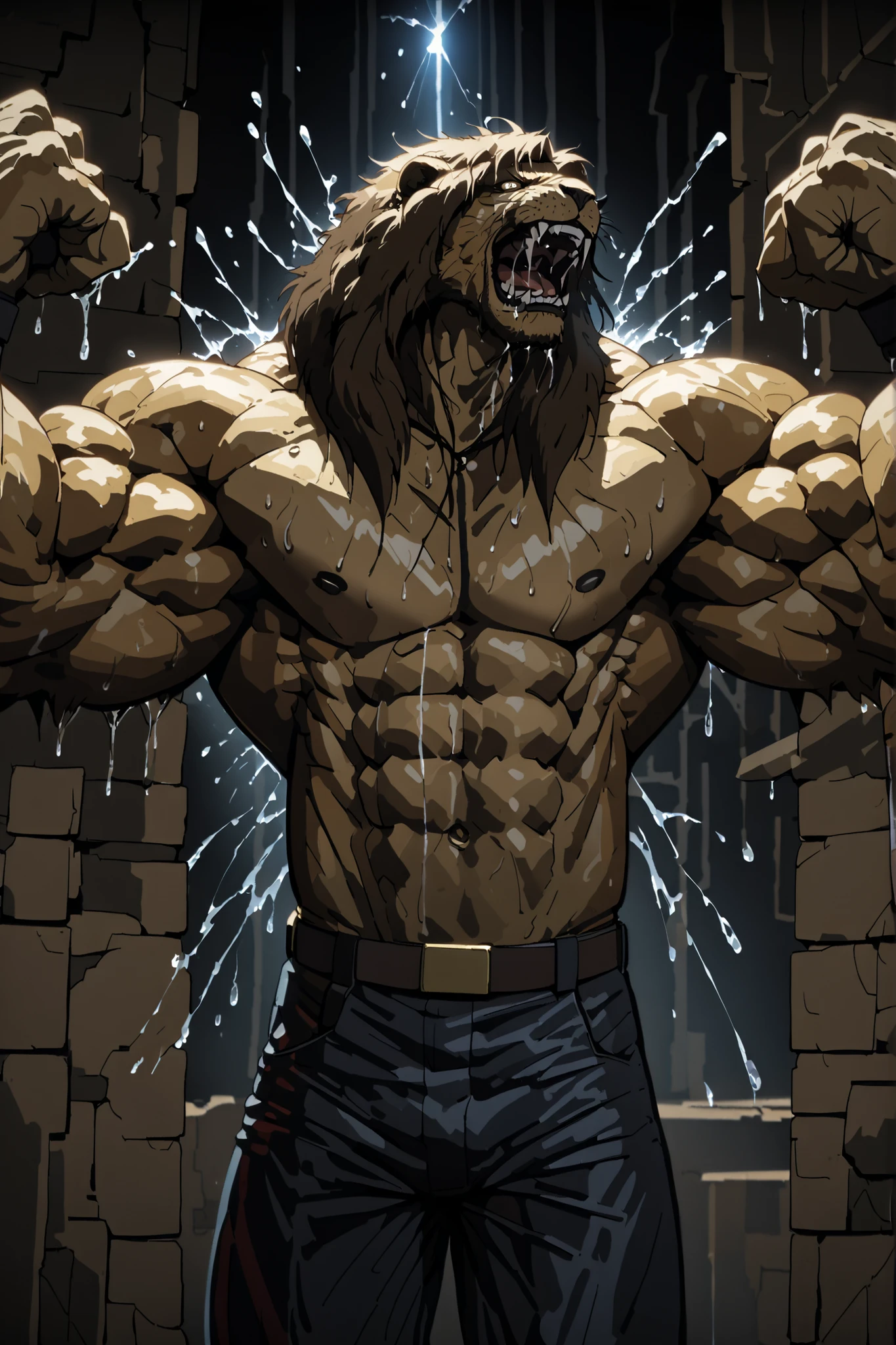 (masterpiece, ultra-detailed, cinematic lighting, 4K, high resolution, sharp focus, clean lines), full-body portrait of Galen Dhaelos — a tall, powerful, aesthetic anthro lion warrior with a thick dark brown mane and piercing dark brown eyes. His build is muscular but balanced, like a professional fighter — wide shoulders, defined chest, strong arms and abs, perfect proportions. His upper body is bare, showing realistic fur over clear muscle definition (not oversized), veins and tension visible as he strains against chains. Wearing dark denim pants. His face shows emotion — intense, snarling in pain and fury, fangs bared, brow furrowed. Side view, ground-level angle. He’s mid-impact — punched in the gut by ghostly hands, body slightly arched, saliva and water flying, with cinematic shadows and glowing supernatural effects. Urban alley at night: graffiti walls, mist, dim lighting, gritty texture, wet surfaces. Dynamic motion, realistic anatomy, and heroic dark fantasy tone.