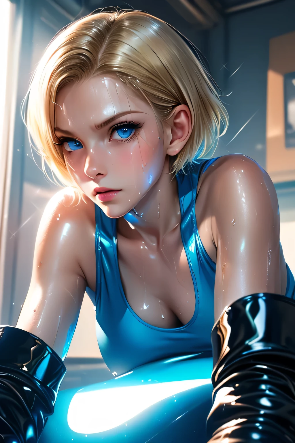 (((Portrait Photo))), She has the Appearance of a Fierce and Determined Middle-aged Woman, with a Rugged and Toned Build that Commands Respect. Her Short, Platinum Blonde Hair is Styled in a Chic Bob, Complementing Her Sharp and Striking Features. Her Sapphire Blue Eyes Reflect a Self-Assured and Calculated Precision. Her Expression is Steely and Unyielding, with a Glint of Ruthless Determination in Her Eyes, Reflecting Her Unbreakable Will and Warrior Spirit. (((Portrait Photo))), (((Dark Background))), (((White Tank Top))), (((Revealing Her Toned Midriff))), (((High-tech Fingerless Gloves)))