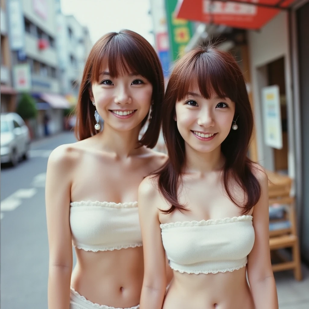Lens: 135mm f1.8, (Top quality), (High resolution), (High resolution), (Beautiful Japanese mother and daughter), (40-year-old mother with long hair), (17-year-old girl with very short hair) )), smiling and being there for them, full body, they stand upright in front of the wall, anatomically correct, they are completely naked