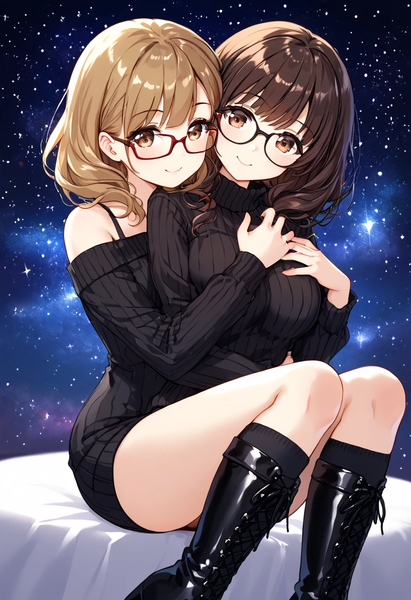 8k、masterpiece、Japanese、Woman wearing glasses、anise、from the front、smile、Childish、Big Breasts、Sheer School Swimsuit、night、Bedroom、Move the cloth between your legs to show