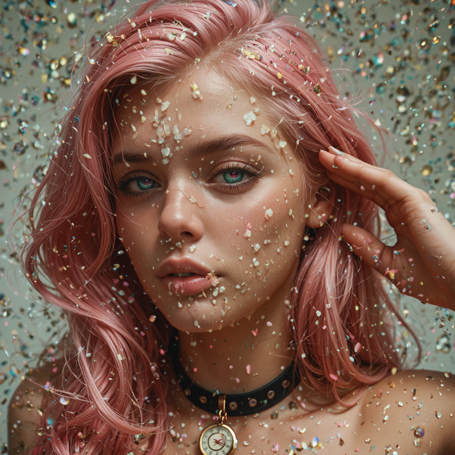 a woman in the shower, soap bubbles on her face and hair, high detail, cinematic lighting, shampoo in hair, colorful hair , high detail skin , close up, dark room, (eyes open:1.2)