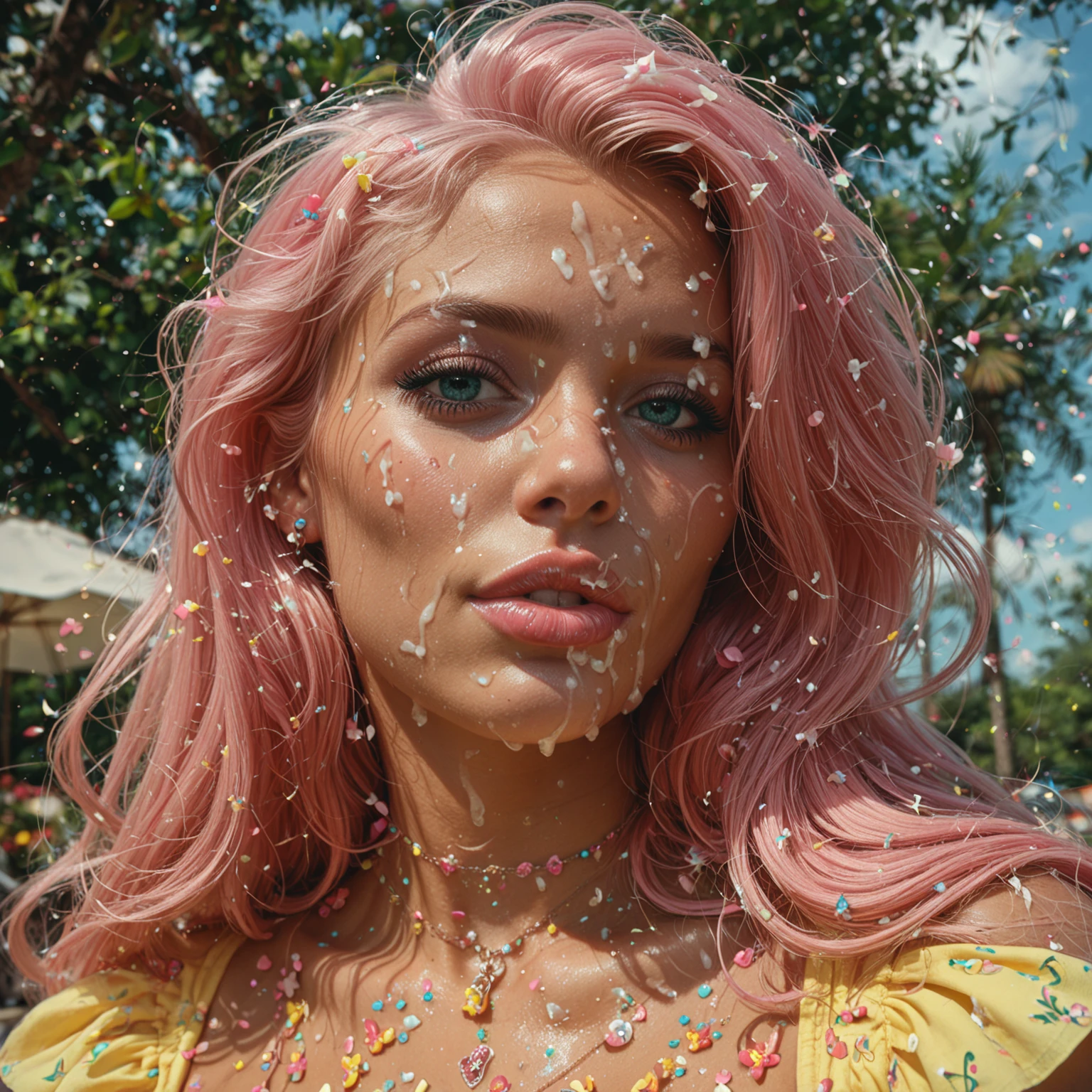 Angle shot from above, close-up view, highest quality, Photoreal, Super detailed, finely, High resolution, 8k wallpaper, RAW photo, ((analog film photography))), 1 british girl licking a melt ice cream cone, tight breasts, wet long colorful hair, sparkle makeup, outdoors, confetti explossion, sunlight and shadow on the face, (facing the front), shirt dress, perfect face, midjourney v6 style
