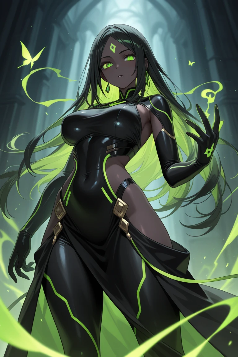 Masterpiece, elegance and danger, gloomy character, elegant insect girl, alien, (dark-black-scaly-chitin-skin), pitch-black-chitin skin, lots of yellow glowing insect eyes, hi-tech black equipment, sharp fingers, long cloak shaped chitin hair, green glowing hi-tech pistol