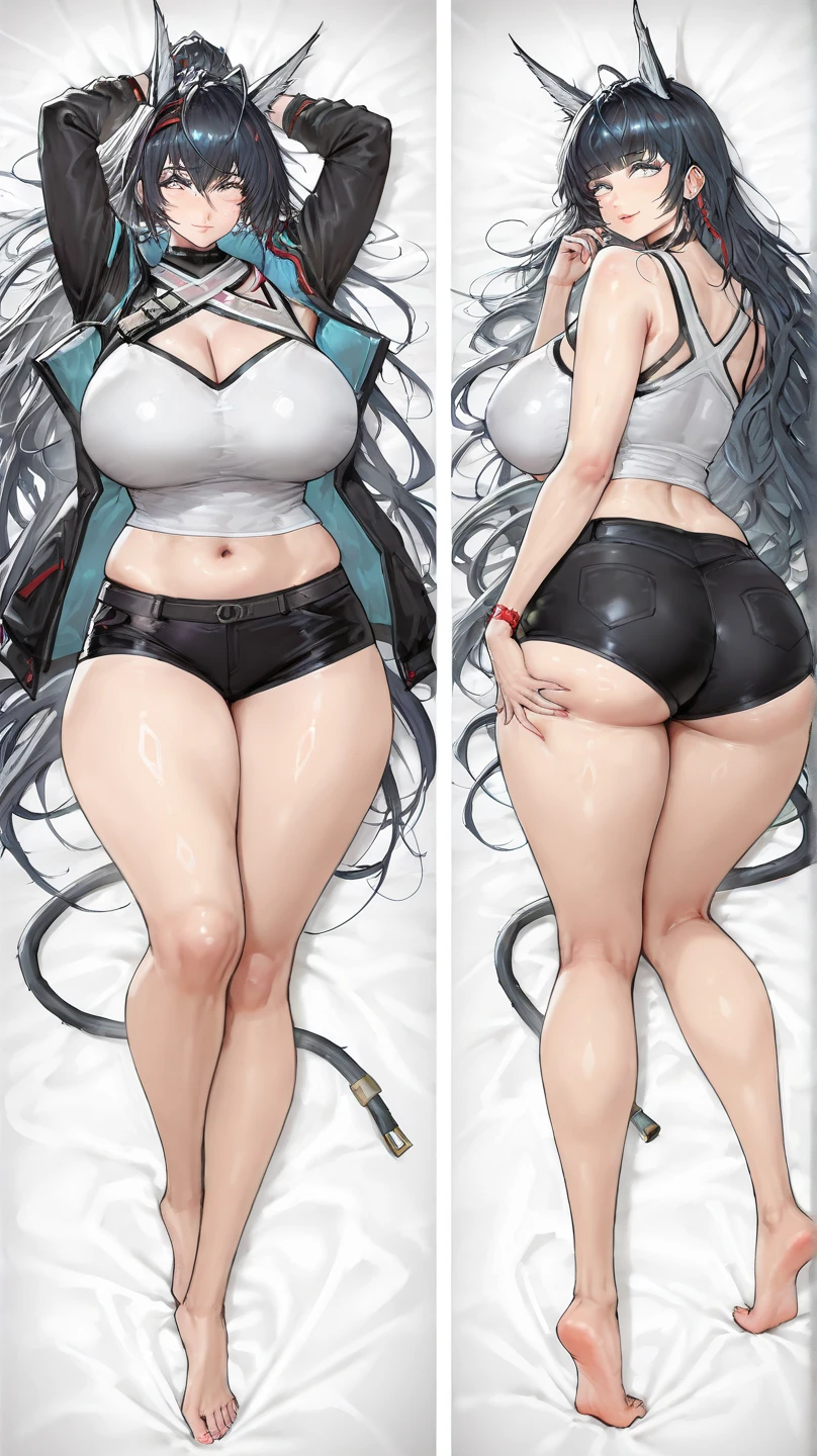 Anime woman full body art, smile, 1girl, lying, on back, looking at viewer, upper teeth, moderniashirt, cleavage, large breasts, character doll, ((naked shirt, white shirt, off shoulder, bare shoulders)), reaching towards viewer, bed, from above, enchanting skin, ultra-realistic 8K CG, picturesque face, perfect, cute, masterpiece, professional artwork , Famous Artwork, Beautiful Lighting Movie, Cinematic Bloom, Perfect Face, Beautiful Face, Eye Details, Facial Details, (Big Breasts):1.3), Appearance, Red Eyes, Horny face, natural light, located at center, whole body within the picture, underwear, Bandage, blush