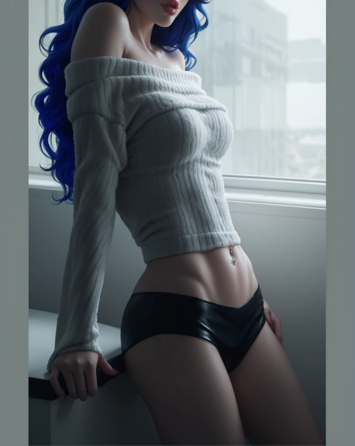 of the highest quality, Masterpiece, super high resolution, (photorealistic: 1.4), photo and gross, (blue haired syrian woman), Curly hair, hourglass figure, Wide hips, 1 girl, off the shoulder, garter belt, in the room, deep shadows, low key, cold light, center background, wide, Horse tail, black clothes, half naked clothes, Transparent clothing, spread legs.