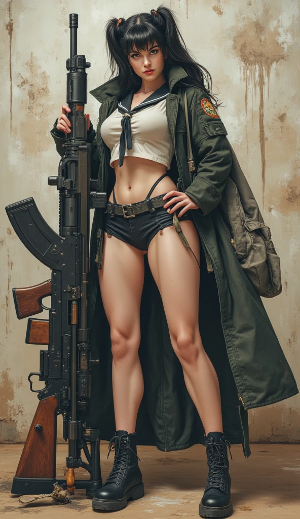 female model, dirty brown hair in a pony tail, sweaty, slutty, medium perfect , wearing skimpy camo outfit, happy and excited, great composition. sexy pose full of action, very slutty green military outfit, masterpiece, vibrant, professional photo, full body, holding shotgun, anime style, grey background, sexxy, nsfw, maxim magazine, turning toward the camera