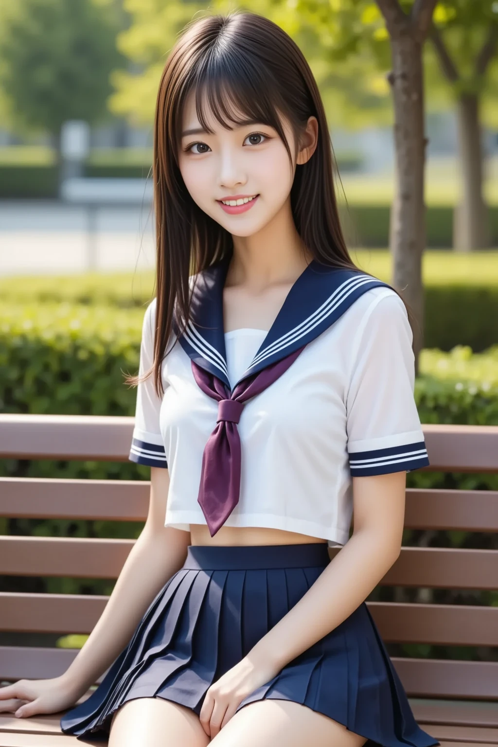 (best quality, 8k, 32k, masterpiece, UHD:1.2), (RAW photo), (realistic), (photorealistic:1.2), (high resolution), huge filesize, ultra-detailed, extremely beautiful face & eyes, perfect double eyelid, 1girl, japanese elementary school student,14yo, 13yo, 12yo, round small face, baby face, thin waist, beautiful belly skin, large breasts, slim proportions, perfect thin thighs, small butt, (darkblue pleated mini skirt, japanese sailor, sailor fuku, serafuku, japanese school sailor suit, sailor red neckerchief), nice hands, perfect hands, accurate hand depiction, sweaty, shy smile, pure white teeth, from below, (blue sky, summer, sun, beach, palm tree, outdoors), portrait photography,
