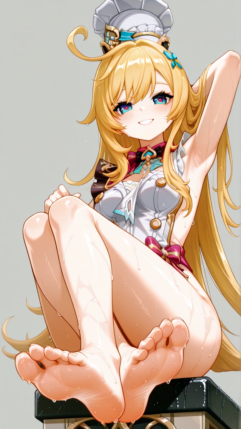 masterpiece、Highest quality、Very detailed、High resolution、16k、Elf Girl、Full nudity、chest proportion、Very white skin、Beautiful fingers、Anime girl with very large breasts poses naked、Perfect Style、Blonde hair and blue eyes、Smile of the Goddess