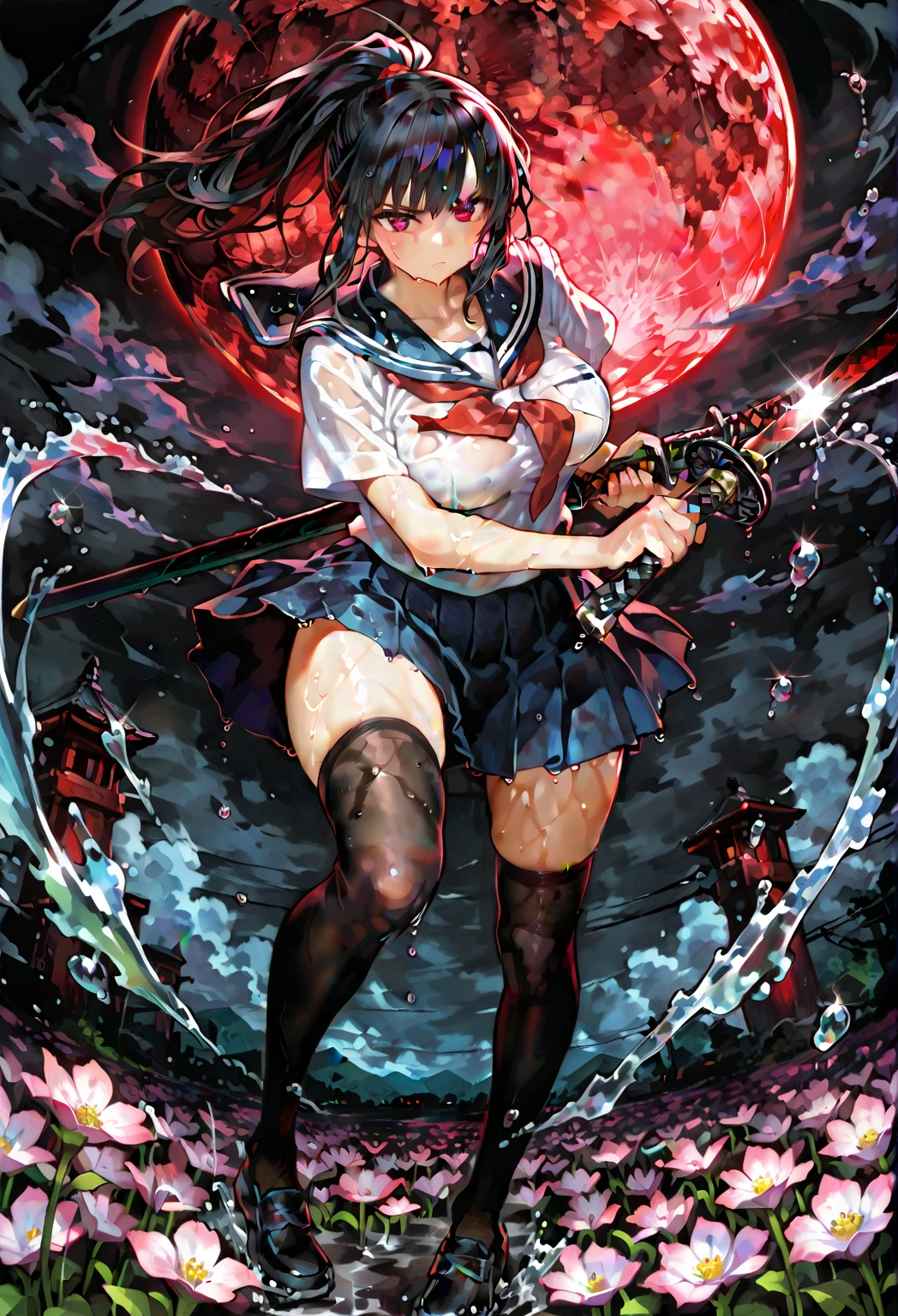 1girl, black_footwear, black_hair, blood, blood_on_clothes, blood_on_weapon, blood_splatter, blue_eyes, blue_skirt, boots, bow, bug, butterfly, choker, floating_hair, gloves, gradient, gradient_background, hair_ornament, hairclip, holding, long_hair, looking_at_viewer, midriff, miniskirt, open_clothes, pink_bow, pleated_skirt, sailor_collar, school_uniform, serafuku, shirt, skirt, solo, standing, suspenders, sword, thighhighs, weapon, white_shirt<lora:style_ASK:1>