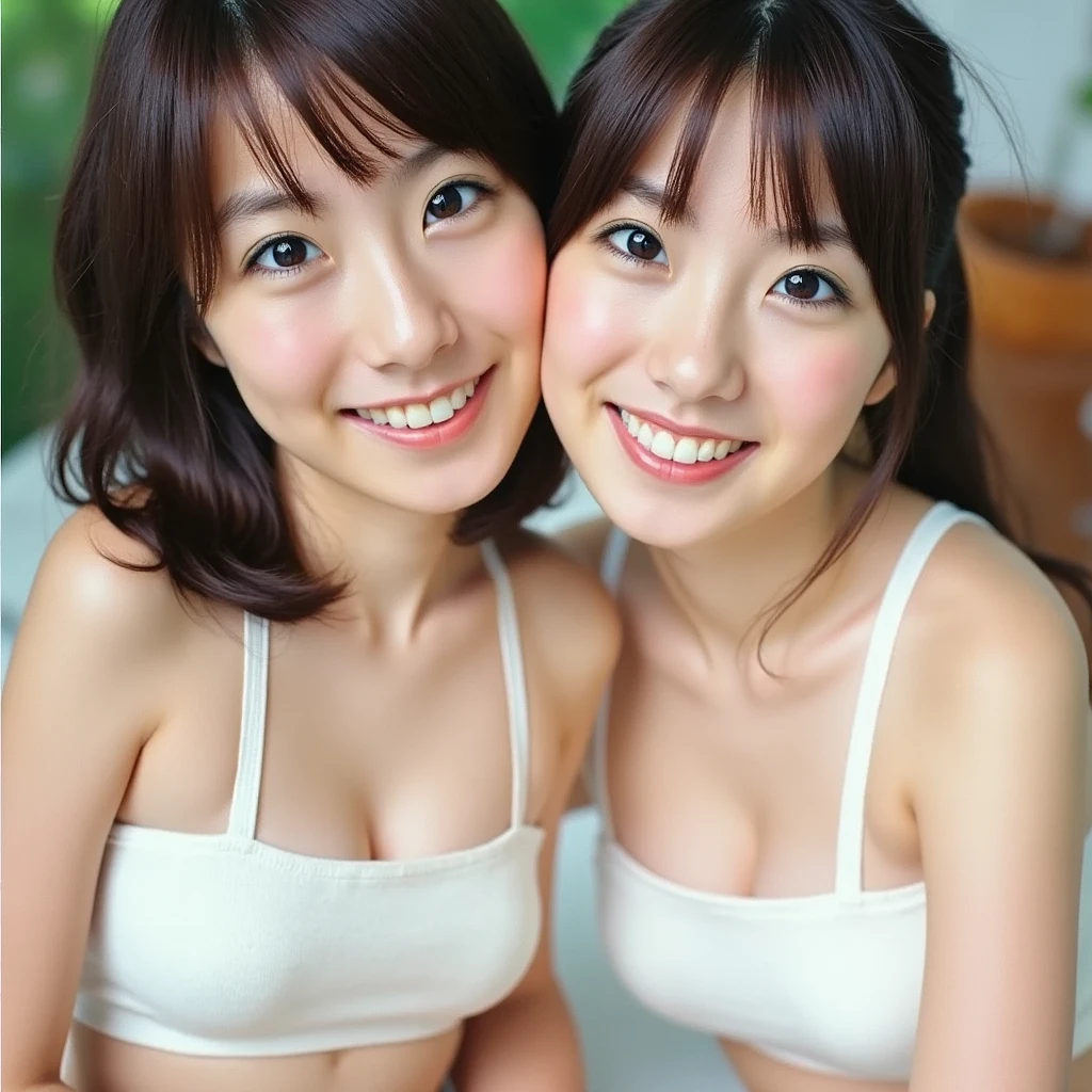 (Raw photo、highest quality)、(realistic、Photoreal:1.3)、(identical twin sisters:1.6)、masterpiece、very delicate and beautiful、very detailed、nffsw、unity、8k、amazing、Detailed details、super detailed、High resolution、absurd、soft light、(black haired、short hair、curly hair、messy hair、bangs)、detailed beautiful girl、finger details、very detailed目と顔、beautifully detailed nose、beautiful and fine eyes、(light shines on your face)、looking at the viewer、(closed)、cute、young、Adult-like appearance、white skin、(Half body:1.3、Sitting )、lifelike face、realistic body、beautiful thighs、black shirt、(half laugh:1.3)