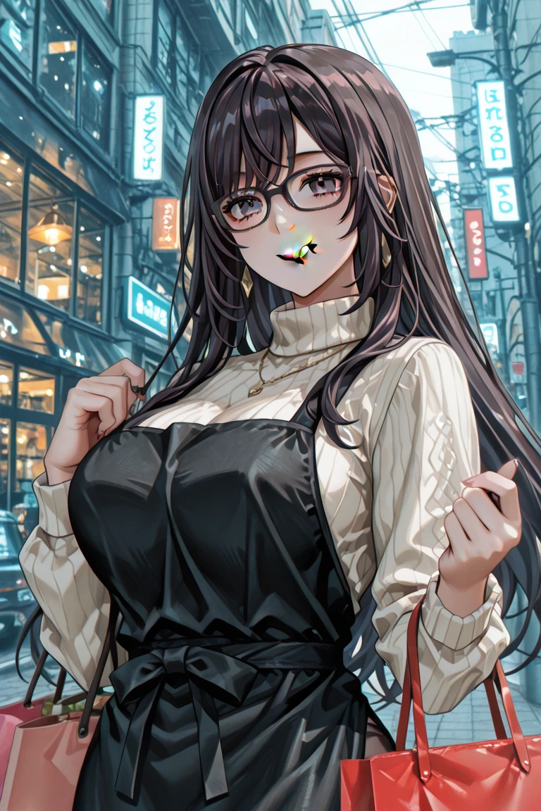 (best quality, Masterpiece), 1 girl, The sun shines, In the building, black hair, Beautiful long hair, double braid, pink eyes, glasses, cute, Bright face, Good mood, Huge breasts, shyุ 18 ปี, Fashionable clothes for a beautiful date, shy, 1 woman, young girl, (Goosebumps:0.7), Beautiful face, (shyไลเนอร์, lipstick:0.9), nighttime, street lights, fall, 4K, 8K, UHD, HDR, detailed background, background