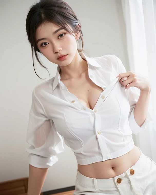 Top quality, RAW Photo, Highest Quality Image, 16K, Full body, Age 22, Realistic, Photorealistic,  Beautiful Asian woman, Sexy, body, White pale skin, Black Hair,, Wavy hairstyle, Modern hairstyles, Detailed face, Detailed body, Detailed skin, Double eyelids, Very Big eyes, long eyelashes, bright eyes, green eyes, natural lips, detailed lips, Saggy breasts, Very Small breasts, Flat Breasts, long shape breasts, posing in bedroom studio, sunny day light, wearing white see through crop top with all buttons are unbuttoned, no bra, Has Tattoo above waist 
