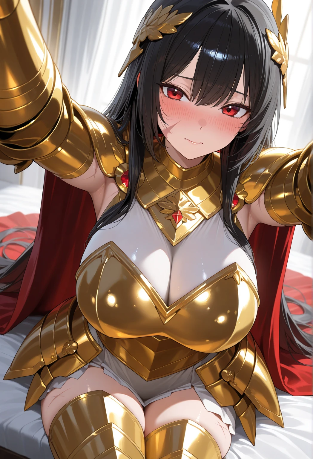 1woman, long sword, lip gloss, red lips, makeup, plate armor, black hair, drill hair, red eye, long dress, armored dress, (boobplate), muscular thighs, thick thighs, huge , gigantic breasts, long breasts, wide hip, big ass, mini crown on head, breast plate, skindantation, decorative armor, breasts apart, thighs boots, gold trim armor, red cape, long hair, red lips, makeup, holding scepter, scepter of the cross, plump, front view, open stance, muscular, shiny skin, red gem earrings, queen, thighband, gold cross, bangs, metallic,