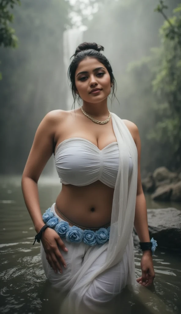 (dark jungle ambience) (horror dark effect) (full body) a beautiful indian beautiful ghost girl wearing sleeveless white saree, navel, detailed cleavage sitting beside a lake, full moon night, scary bloody face, smiling expression, seductive, detailed face, detailed eyes, detailed red lips,night lighting