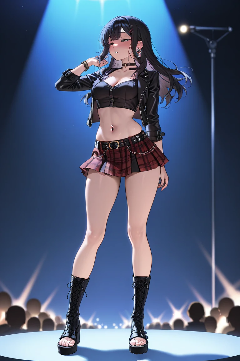 Beautiful full-length photo of an idol singer with 5 dancers, Masterpiece Quality, Shining Girls, Miniskirt Uniform, Bright stage lighting, Rock Stage, detail pink underwear, ultra wide-angle, from below, bimbo