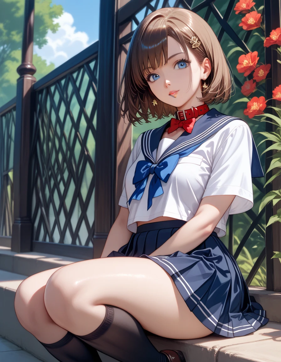 ((best quality, 8K, masterpiece :1.3)), 1. Innocent girl:1.3, (short hair,Sailor Suit,Beautiful breasts :1.2), Super mini skirt, Super detailed face, Beautiful eyes, Double eyelids,whole body,Cute face,(Sitting on the stone steps,Spread your legs,See panties),(Realistic face),(Realistic skin),Agent,Hips forward,Half are Japanese，Half are European,Sexy facial features