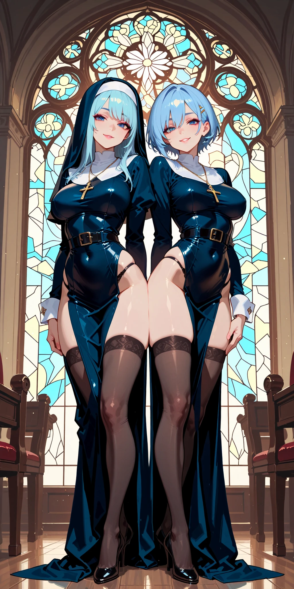 sensual,((twins、two women、next to each other、Two are kissing))、long blonde hair, thick thighs, 8K, 4K, highest quality, High resolution:1.2), cute anime face, noise reduction, shining blue eyes, gentle smile, Gentle eyes、wearing a headband, naked, toned abdominal muscles, muscular arms, muscular legs, (((exposed nipples))). , young face, anime chic eyes, In a church, white bodysuit, white rubber suit,white thong, Lock,O-ring,See-through,veil,elbow bag,Mistress,collar,cuffs ,thigh strap,thigh boots, Harness、全身Harness、garter belt、(((emphasize the buttocks、They turn around and show me their butts)))