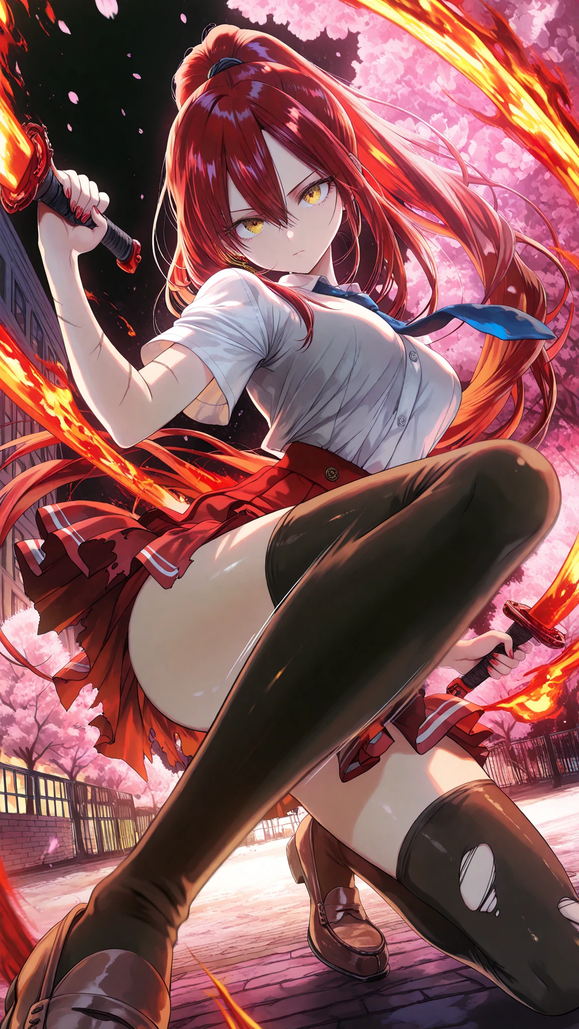 highest quality、one girl,15 years old、high school student、full body figure、very big boobs,big ,perfect 5-fingered hands、Shiranui Mizuki、Water City does not know fire、shy face、perfect thing、big breasts、two perfect arms、two perfect legs、detailed description、small details、detailed face、white skin、Voluptuous legs、erotic pose、long hair、 green shirt, serafuku, white neckerchief, long sleeves, pleated skirt, black skirt, black thighhighs, loafers、school uniform、uniform、mini skirt、black panties、Black Panties、Skirt flip、lift skirt、turn around、look back、Pose that emphasizes the buttocks