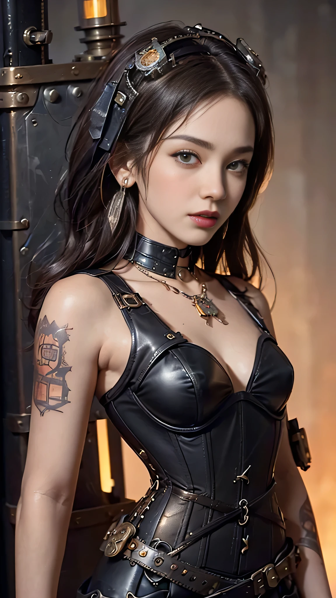 (Digital Cyberpunk Art)、High resolution、8k、Raw photo、whole body、Beautiful Teenage Woman、One Japanese woman、(Cyborg woman)、Medium chest、Semi-long hair of black color、(Shiny metallic)、(Wearing a black Lolita chiffon blouse with a mechanical look)、(Wear a black mechanical steampunk corset)、(Wearing a black gothic mini skirt)、gothic room、Sit on a chair