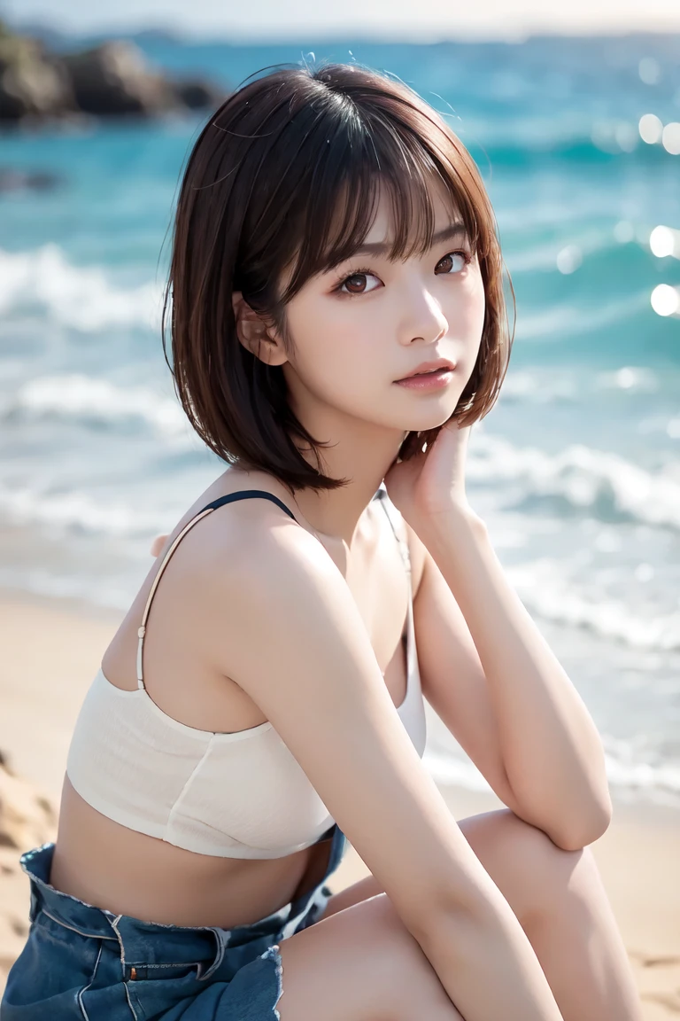 masterpiece:1.3), (8K, Realistic, RAW Photos, Best image quality: 1.4), Japanese women、Baby Face、(Random Hairstyles:1.2)、Highly detailed face、Attention to detail、double eyelid、Beautiful woman:1.4、Light brown hair、Highest quality、masterpiece、Ultra-high resolution、(Realistic:1.4)、Smile with professional lighting and attention to detail、Loose、thin、short hair、Deadly position、Full body image、Ocean、