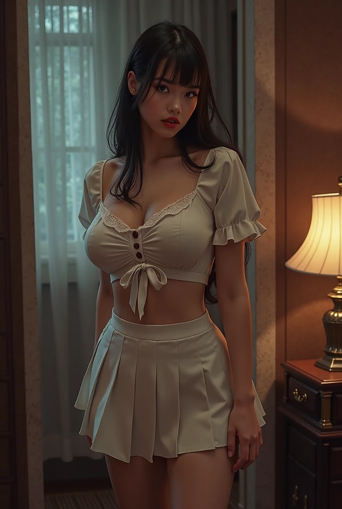 ((((highest quality))))、(((Ultra-precision CG16K wallpaper)))、(((masterpiece)))、(((Super detailed)))、(((super extreme details)))、1people's women、mature woman、24 year old woman、((Japanese face))、((very beautiful face))、((Zuo々Ki Nozomi:1.5))、((straight semi-long hair、blunt bangs))、(shiny brown hair)、beautiful delicate eyes、brown eyes、raised eyebrows、high nose、small nostrils、small mouth、seductive lips、beautiful breasts、((C cup size breasts))、cleavage、plump body、(Chubby body type)、perfect proportions、perfect anatomy、perfect composition、beautiful detailed shading、beautiful natural lighting、beautiful detail glow、Depth of the bounds written、(((High chroma)))、(((real:1.9)))、((vivid:1.5))、((edge:1.6))、((beautiful skin))、((skin texture))、((Real skin feel))、(((cowboy shot、Thigh:1.5)))、((Angle seen from the front:1.5))、((Surprised face with open mouth:1.4))、(Eyes looking at me:1.5)、Bright daylight、Natural light、(((In front of a decaying abandoned house:1.2)))、(standing pose:1.5)、(((wearing a torn white shirt、Torn pleated miniskirt clothes:1.6)))、((earrings、wearing necklace:1.3))、、((Blue and white striped micro bikini:1.5))