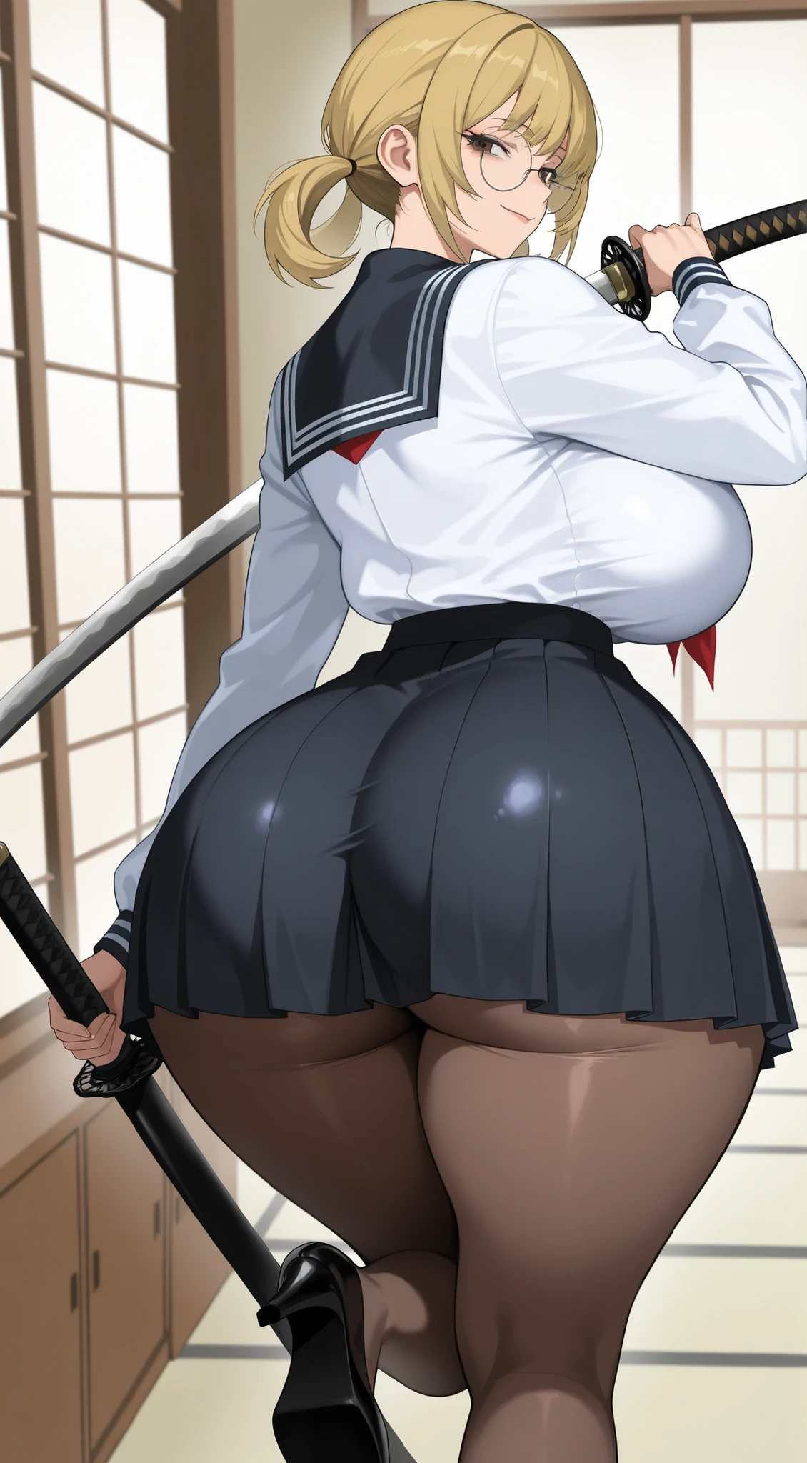 One Woman、beautiful girl, Highest quality, Thick thighs、Big 、Big Ass、Black Hair、long hair、Bangs、Red blazer uniform、Angle from directly below、Intimidating attitude、Angry、classroom、Window glass is broken、Pointing finger at the viewer、bellow