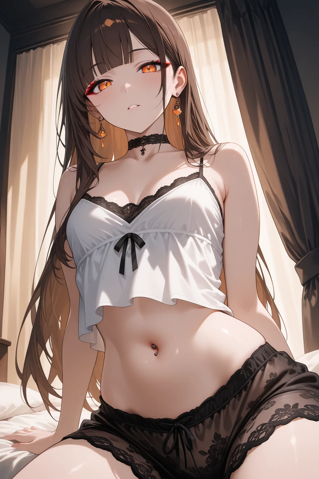 asunayuuki, asuna yuuki, long hair, brown hair, (brown eyes:2), (small breast:1.2), BREAK skirt, thighhighs, bare shoulders, detached sleeves, armor, white thighhighs, breastplate, BREAK indoors, bed, bedroom, BREAK looking at viewer, BREAK (masterpiece:1.2), best quality, high resolution, unity 8k wallpaper, (illustration:0.8), (beautiful detailed eyes:1.6), extremely detailed face, perfect lighting, extremely detailed CG, (perfect hands, perfect anatomy),