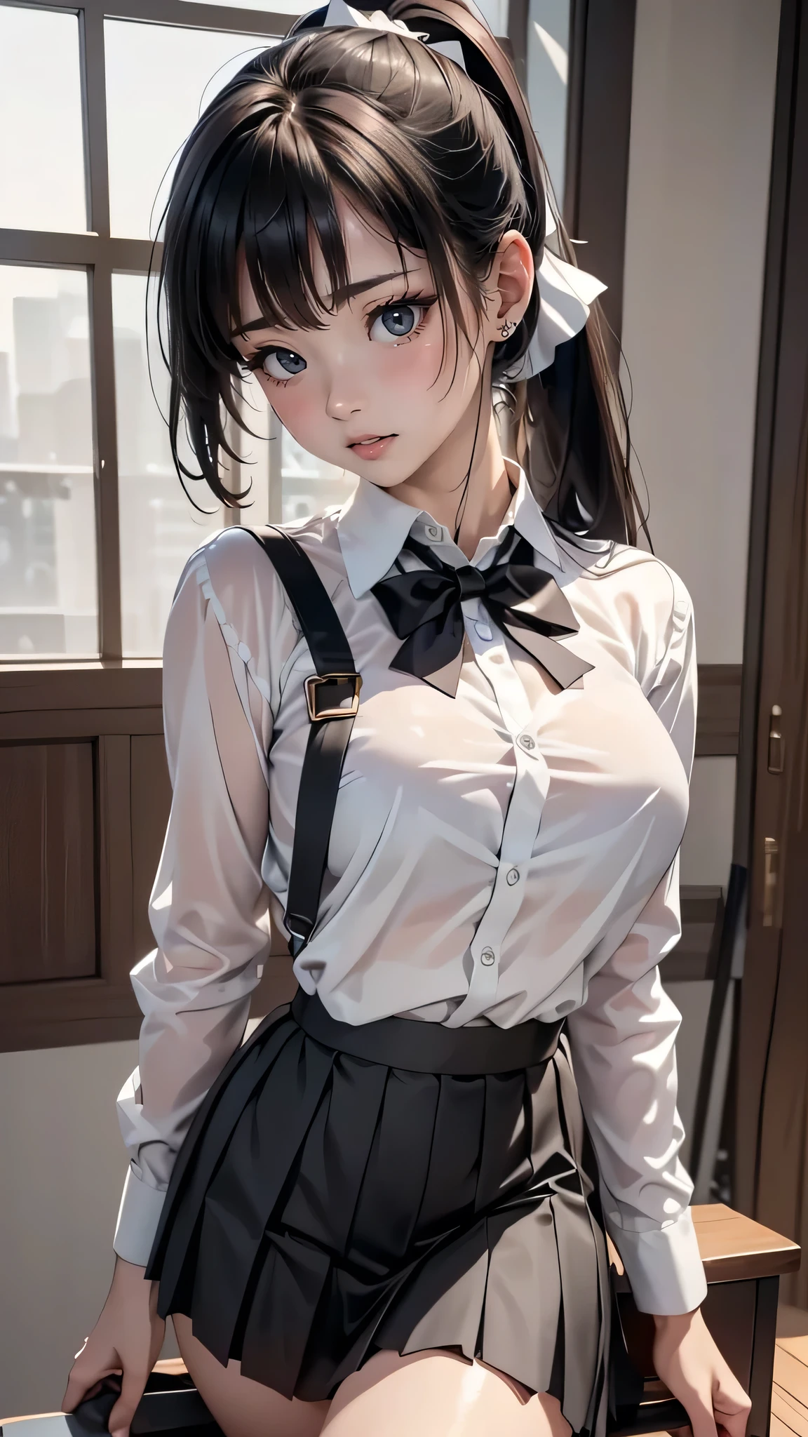 (masterpiece:1.4)、(highest quality:1.4)、ultra high resolution、beautiful features、20 year old woman、black very short hair、white long sleeve collared shirt、small black ribbon、navy pleated skirt、black tights、(huge breasts:1.1)、bust up shot、red face、smile、Stand against the wall、arms behind body