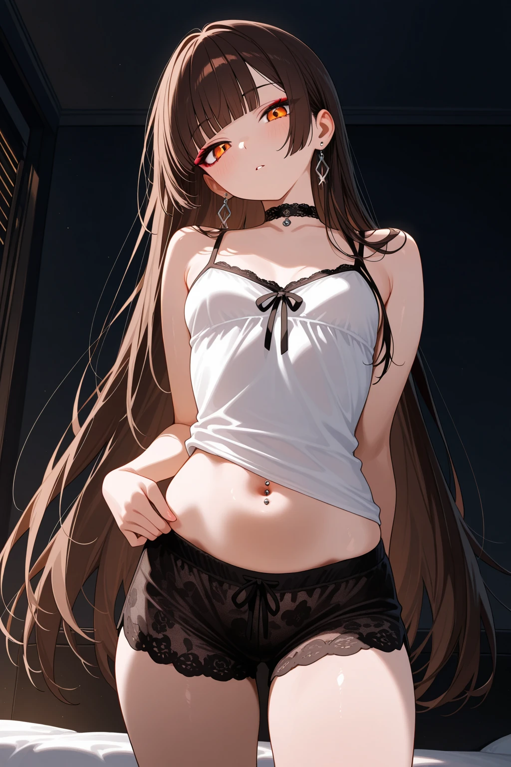 Detailed image of a loli, Light brown hair long and loose aesthetic tousled, red eyes sharp and seductive, Beautiful face, smiling, full lips, wolf ears, with earrings, medium breasts, blushing eyeshadow, long thick eyelashes, posing coyly, dressed only in a low-cut sweater, small waist, wide hips, large round buttocks, beautiful thick bare thighs, view from below, shallow depth of field, volumetric lighting, Shadow Enhancement, Detailed cityscape, Shoulder blades (Highest quality, Amazing details: 1. 25), (only: 1.3), Bright colorful paintings.
