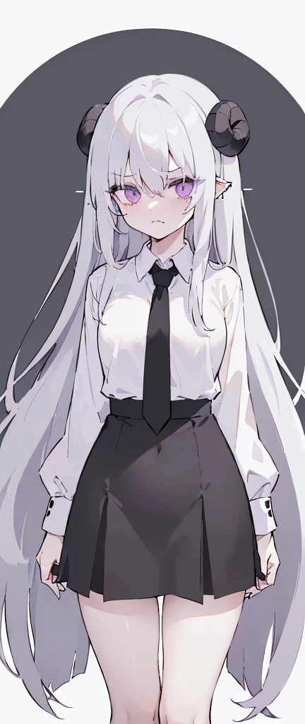A woman with a white shirt and black tie, slim, long light grey hair, light skinned, adjusting tie, facing off to the side, mysterious, distance stare