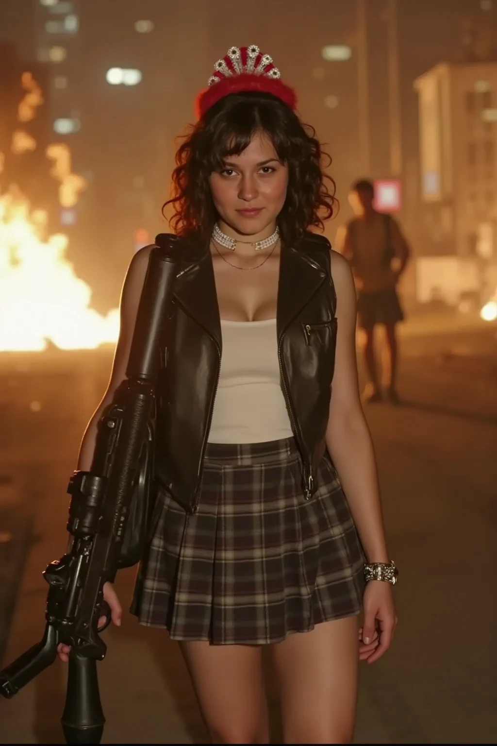 cinematic photo, young kate_beckinsale, smiling, as a female soldier, very long hair, smirk on face, wearing a neon pink and white satin bomber jacket, m16, rifle, holding m16 rifle with both hands, series, gun, (Snake plissken) (solid snake) (metal gear solid),, suburban neighborhood at night