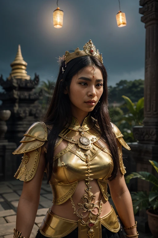 a javanese beautiful war general with incredible beauty wearing ancient javnese war armor adorned with gold and jewels getting ready to siege her enemies, behind her is the majestic mountain