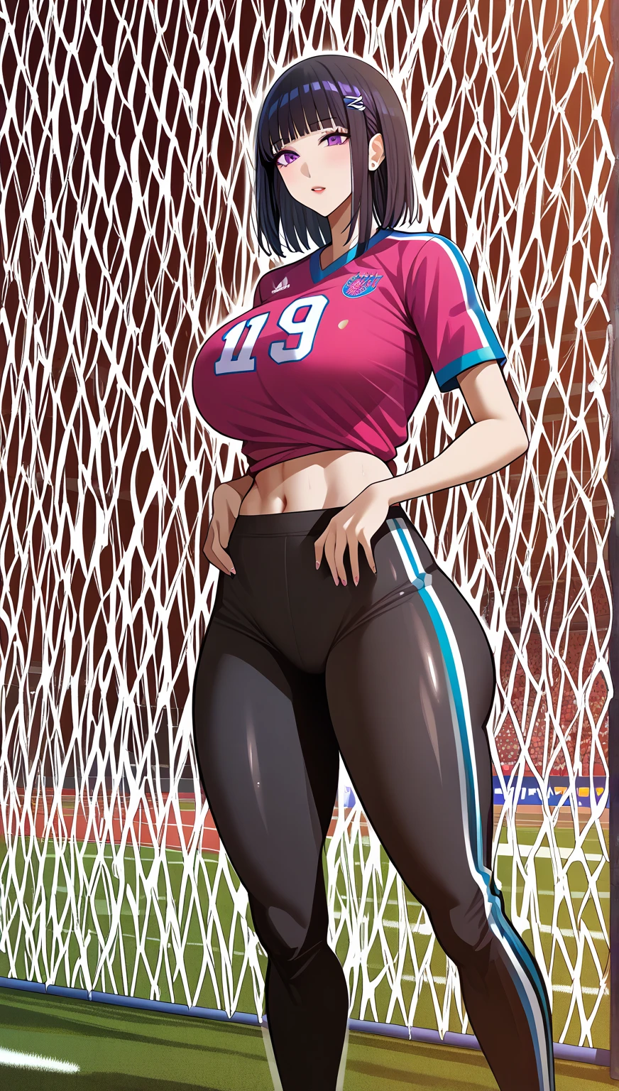 (((side view))), Photo of a indonesian female teacher with saggy breasts, (((keeping the goal))) in the middle of(soccer field), 40yo,busty body, tall body, tanned skin, dimples, light, detailed face, embarrassed face, ((looking disgusted)), ((very angry)), (dissapointed), Perfect breasts, big breasts, natural breasts, big nipples, G cup, (((brown hijab))),(((glasses))), (nude), (((cotton bra))), (((cotton panties))), (((goalkeeper gloves))), (sweat:1), (wet)