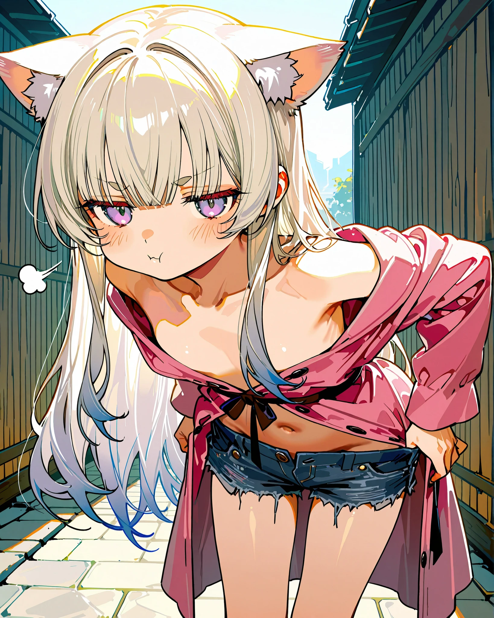 ((Masterpiece)), ((best quality, very aesthetic, absurdres, newest, detailed background, High Definition)), (8K), ((1girl)), (cute young girl), (Healthy Gaunt body, Textured skin, small chest, tilt head), ((platinum-gold hair)), Textured skin, (long gown, pink bathrobe) cute navel, exposed lower abdomen, (short shorts, Navy blue Denim shorts, unbuttoned shorts), cute thongs, (long bangs, fanged bangs, blue color Hair Tip), gradient hair, beautiful collarbones, BREAK ((:t, blush, pout)), puff of air, Thin and short eyebrows, (cute cheeks), glossy lips, pouty lips, (lower eyelashes), cat ears, (jitome, pale purple eyes, gradient eyes, looking at side), ((pulling down shorts, pull by self, undress shorts, slightly exposed naked hip)), (loose standing on the Stone tile road, leaning forward), thongs, outdoor, Old shed in the countryside, Polished tile road, intense sunlight