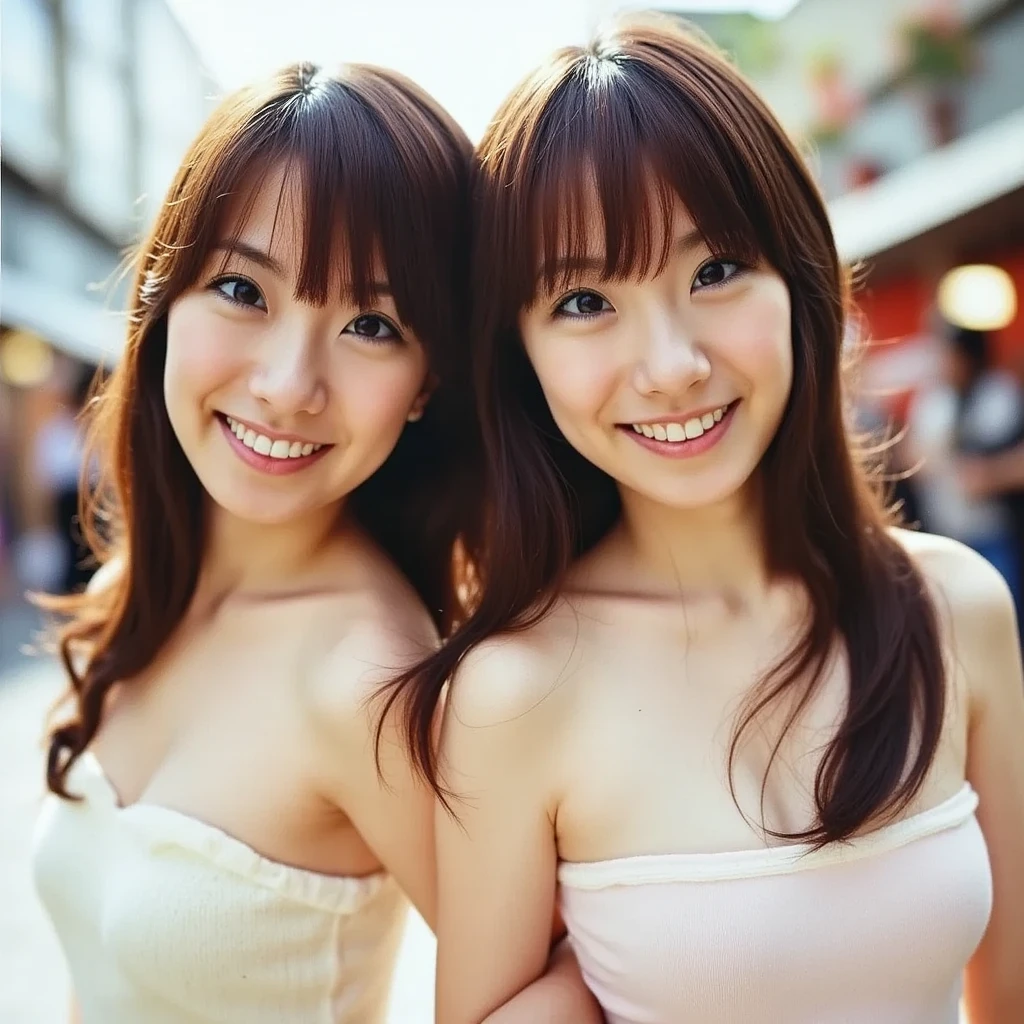 Two women of the same person huddled together、Exactly the same face、Exactly the same body type、Exactly the same hairstyle、Instagram model from another dimension, by 2 person, Imaginative, Metaphysical, Whimsical, Anaglyph Style, 1 Japan, Cute Face, 18-year-old,