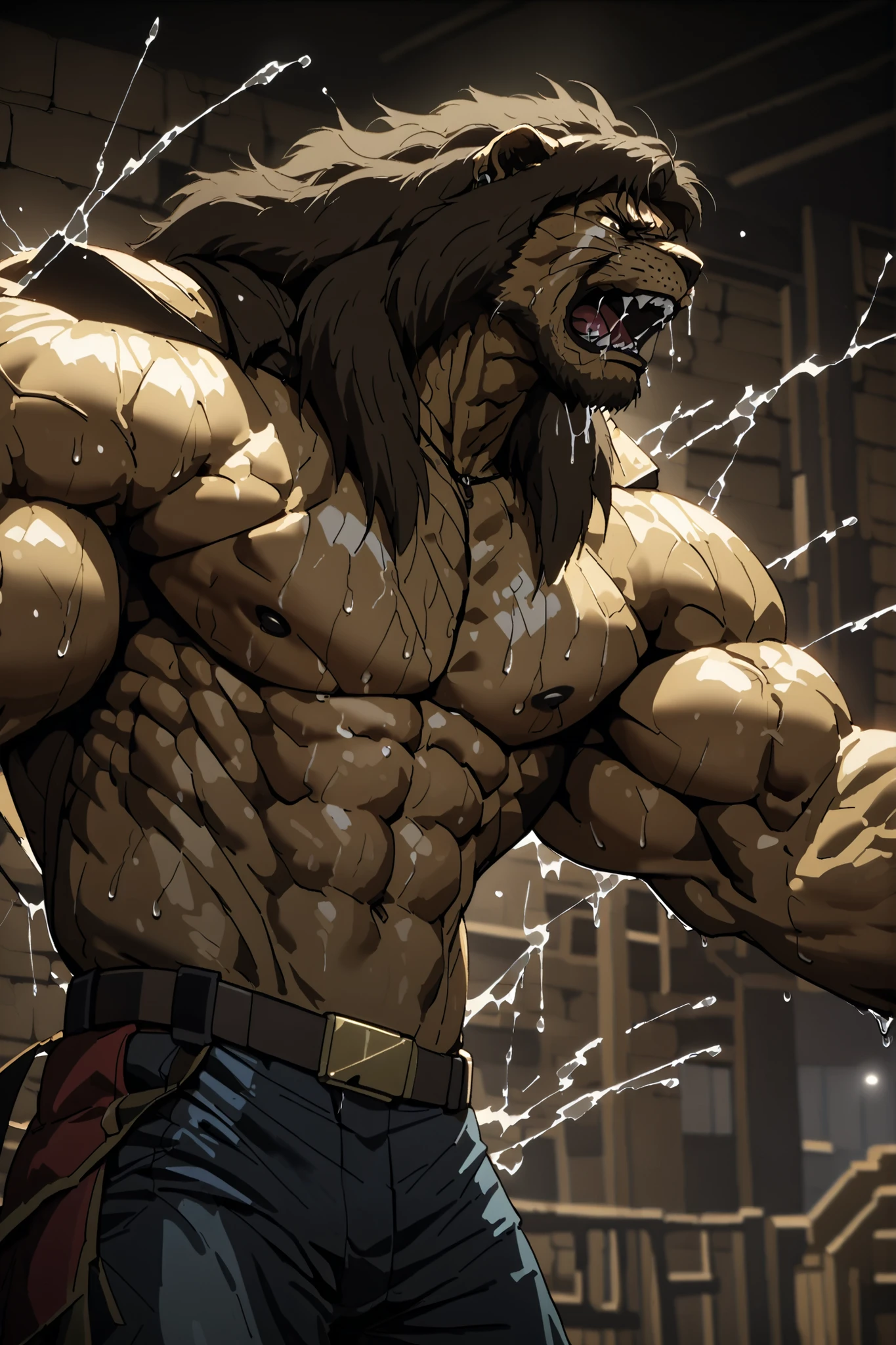 (masterpiece, ultra-detailed, cinematic lighting, 4K, high resolution, sharp focus, clean lines), full-body portrait of Galen Dhaelos — a tall, powerful, aesthetic anthro lion warrior with a thick dark brown mane and piercing dark brown eyes. His build is muscular but balanced, like a professional fighter — wide shoulders, defined chest, strong arms and abs, perfect proportions. His upper body is bare, showing realistic fur over clear muscle definition (not oversized), veins and tension visible as he strains against chains. Wearing dark denim pants. His face shows emotion — intense, snarling in pain and fury, fangs bared, brow furrowed. Side view, ground-level angle. He’s mid-impact — punched in the gut by ghostly hands, body slightly arched, saliva and water flying, with cinematic shadows and glowing supernatural effects. Urban alley at night: graffiti walls, mist, dim lighting, gritty texture, wet surfaces. Dynamic motion, realistic anatomy, and heroic dark fantasy tone.