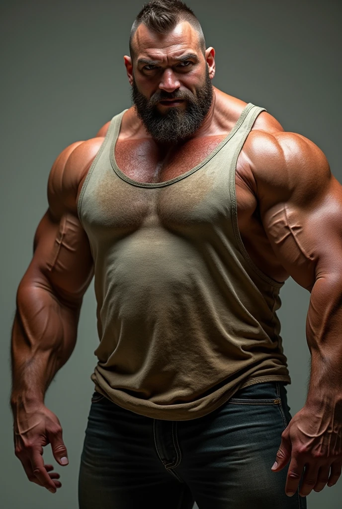 a very muscular man at the gym, beard, muscles, masterpiece, epic, best quality, 8k, wide shoulders, short hair, dark tones, gray and black tones, black shorts and sneakers, gym, muscle white tank top, angry face showing teeth, holding dumbbells in both hands, photo taken from side