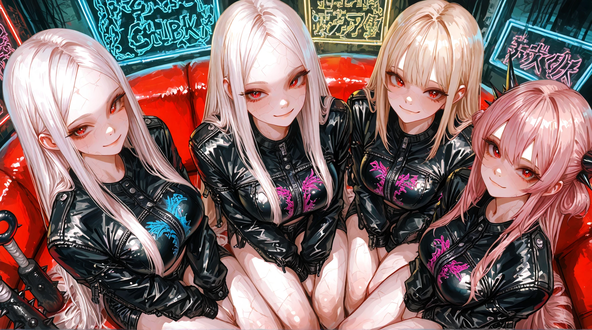 evil smile, under , bratty girls, shiny latex, satanic, shiny latex gloves, looking at viewer, blonde hair, inverted cross necklace, highlighted eyes with eyeliner, false eyelashes, soft shadows, light makeup, blushed