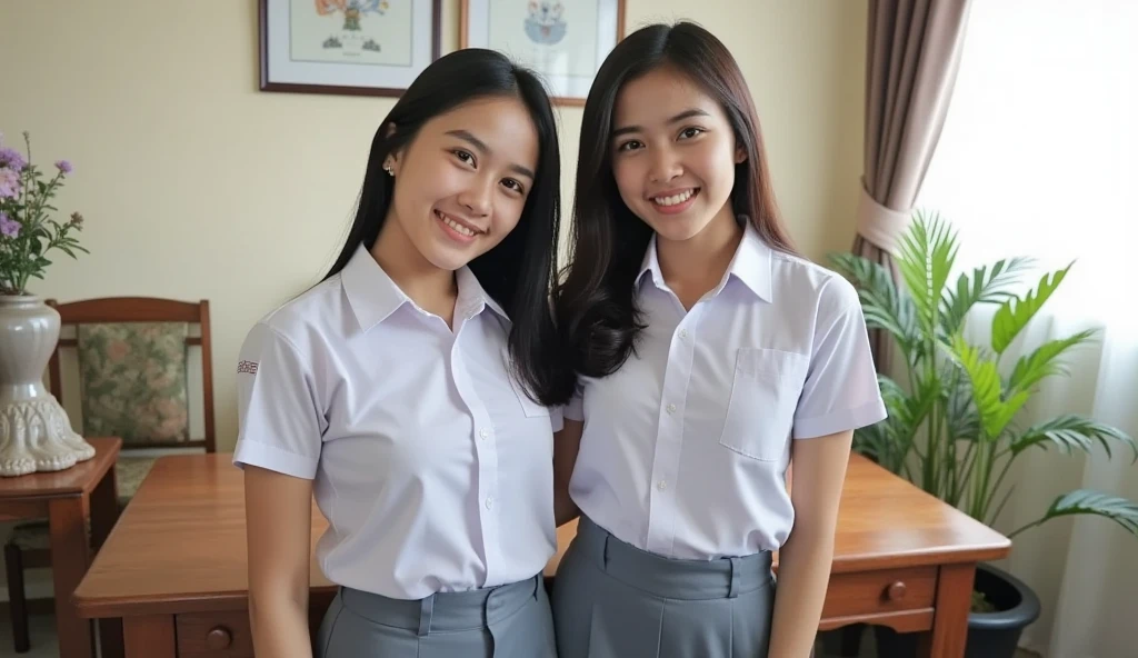 Two beautiful female students: the first Thai female student, aged 18-19 years old, wearing a Thai school uniform; the second Lao female student, aged 18-1, wearing a Lao school uniform, standing for a photo, smiling beautifully, a picture of a person.