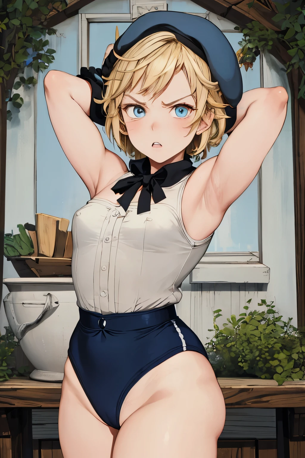 masterpiece , best quality, highres ,1girl, blonde hair ,Angry face , beret, blue eyes, black gymnastics bloomers,high leg,self wedgie , flat chest , sleeveless,Victorian blouse, gloves, ultra detailed , Standing, in dark forest