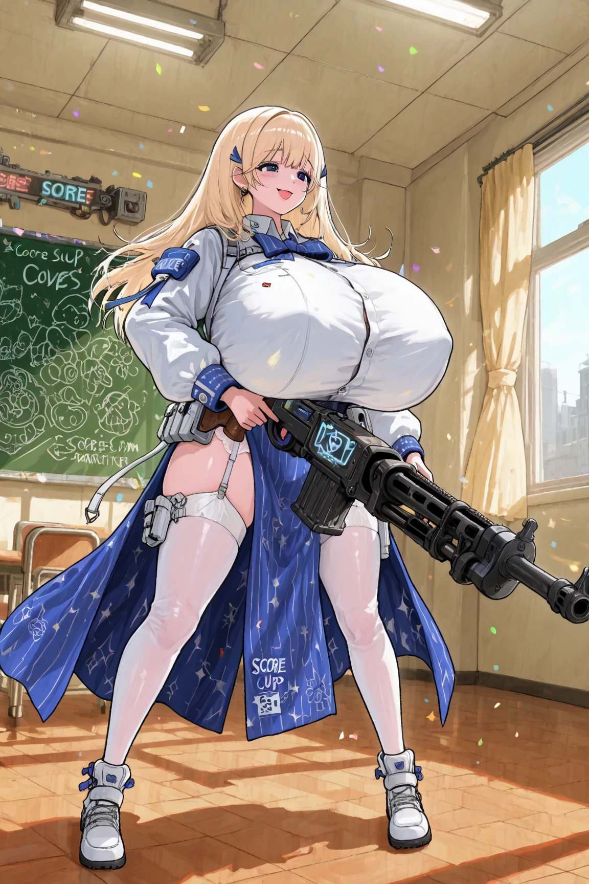 Big ，Large Breasts, [特写Cleavage]]]]Huge long saggy breasts, Cleavage, The chest is more exposed，Thighs are thicker、Off-shoulder，knee socks，Pleated Skirt，sports shoes，hoodie，stand up