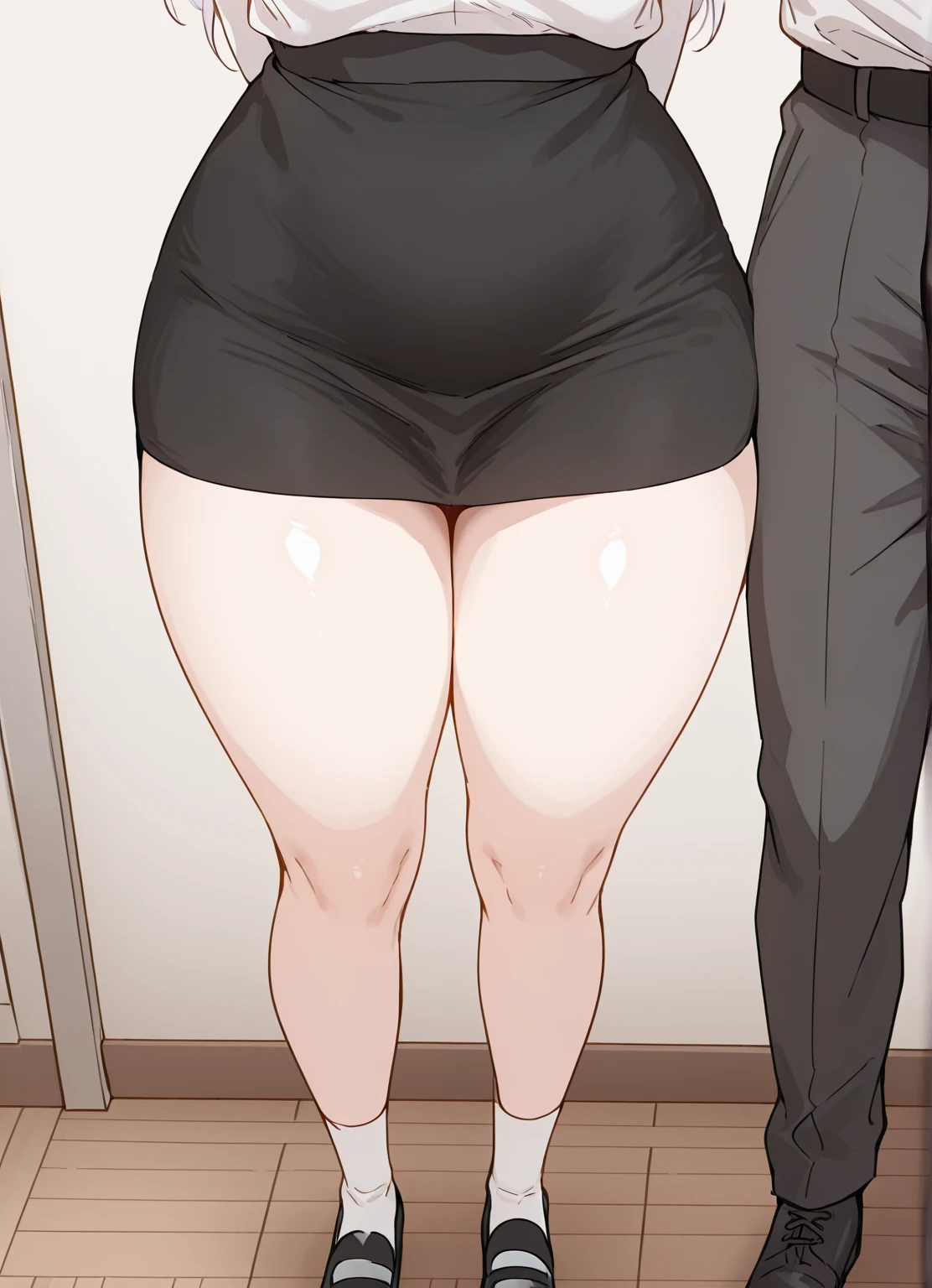 girl, white socks, no shoes, hips posing, fetish, standing at doorframe for a seductive pose, exhilarating bulge, thicc thighs, [ k digital art ], anime artstyle, bright sun, oily shiny skin, short hair, succulent girl figure, enhanced penis gland, a fit seductive horny dickgirl, navel, underboobs, large veiny see through clothed erection, expressive eyes, perfect face, masterpiece, ultra details, hdr, best quality
