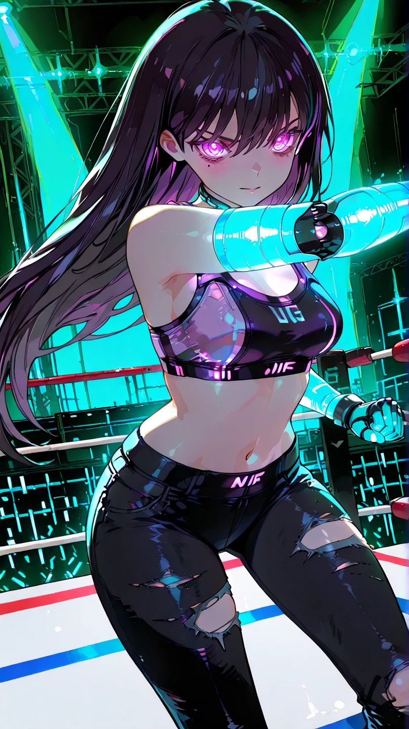 ((Superhuman elasticity concept)), woman with black dark wavy cascading hair, black tank top, ((((((elongated bare torso,inhumanly elongated bare torso, slithery, stretched out, long, exposed midriff)))))), stretchy limbs, intense expression, highly detailed, comic book style, dynamic pose, cool lighting