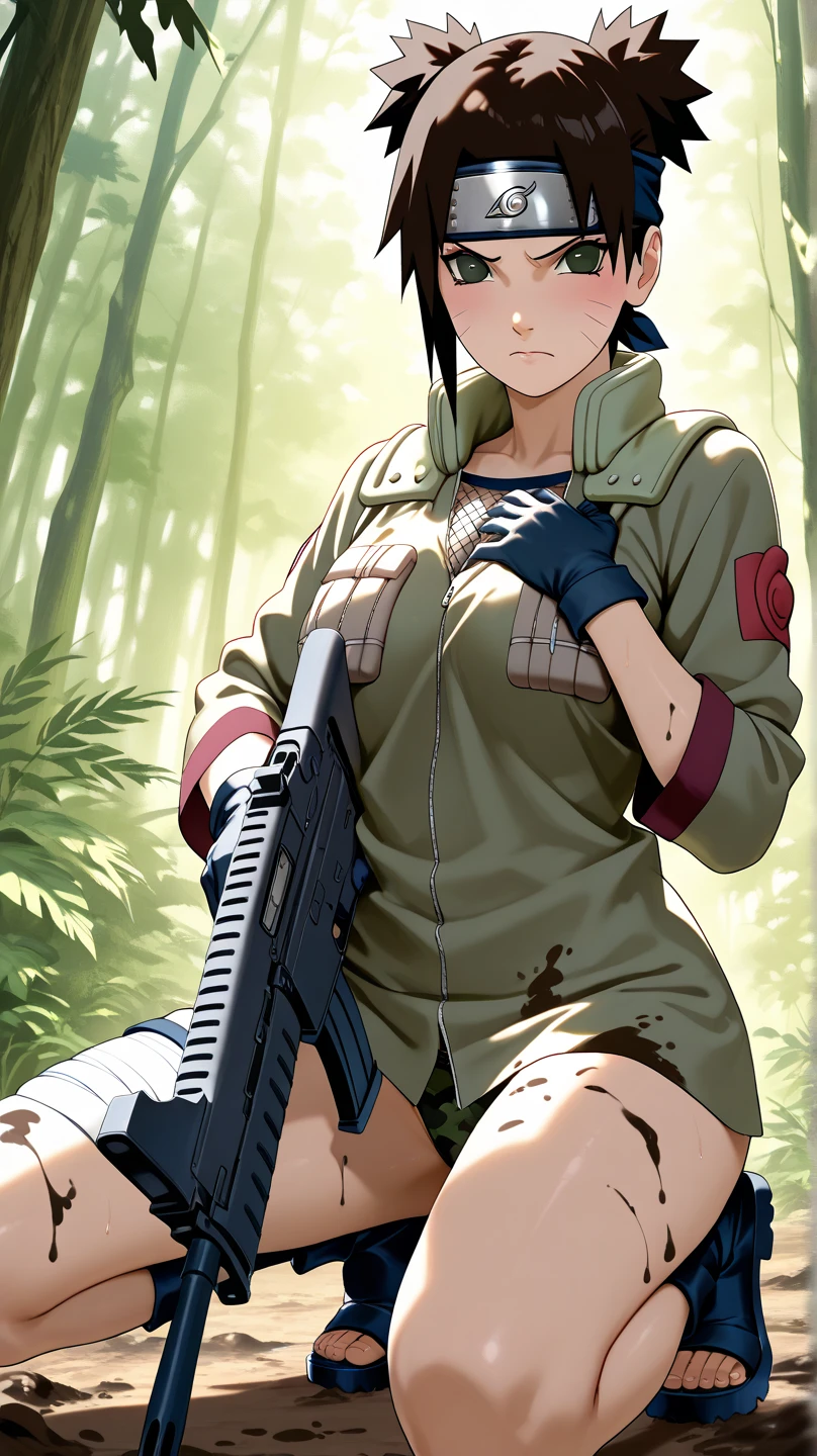 masterpiece, best quality, anime 1990s \(style\, leona heidern, naked , short,open vest., jungle, tactical, pony tail, serious, cammo, army, soldier, blue hair, warfare, war, wet.