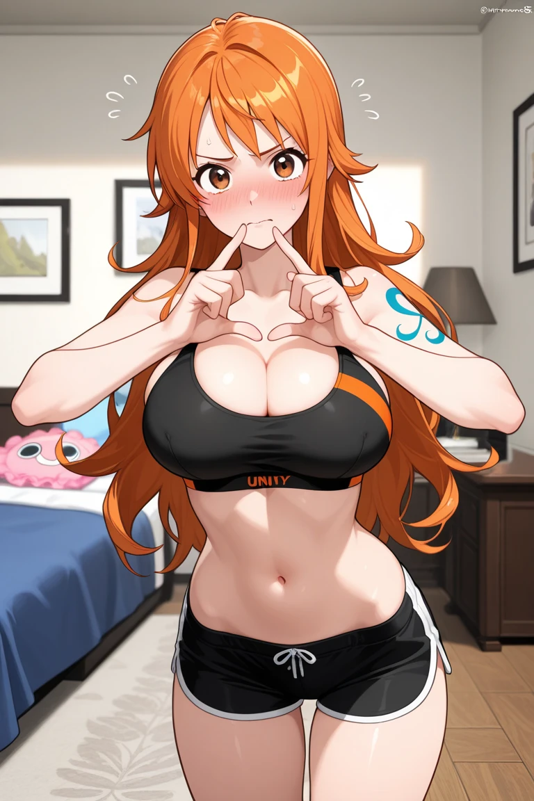 ((Best quality at best, 8K, tmasterpiece: 1.3)), Full body lesbian, Focus Clear: 1.2, Outstanding style: 1.4, plum: 1.2, ((long orange hair, : 1.2)), Transparent tank top, Highly Detailed Face and Skin Textur, 詳細な目, 二重まぶた,,Chopping,,revealing her belly,titmouse,sweat profusely,soaked pubic hair, living